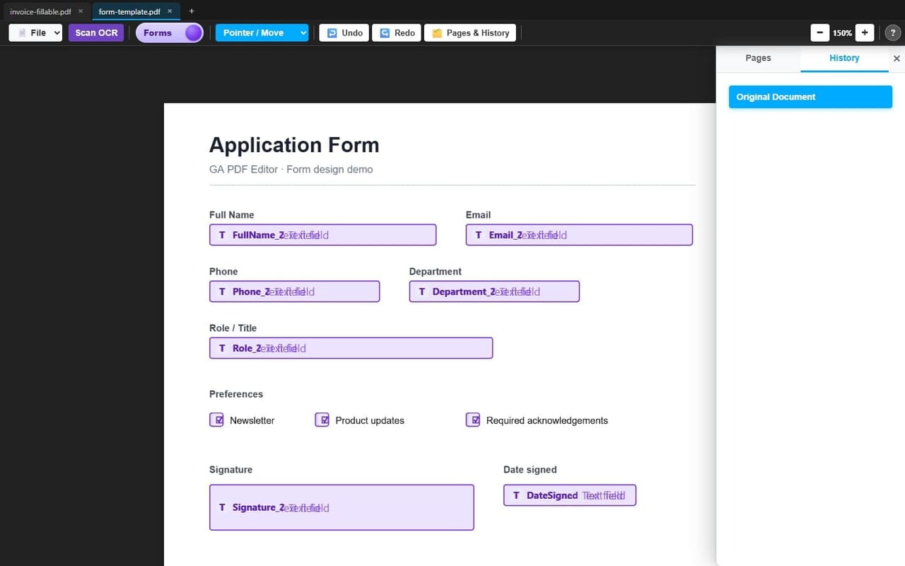 Forms mode — purple designer field shells Forms mode — purple designer field shells